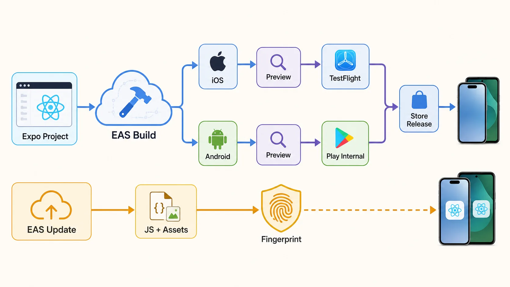 EAS Buildによるテスト配布とストア公開、EAS UpdateによるOTA更新の経路