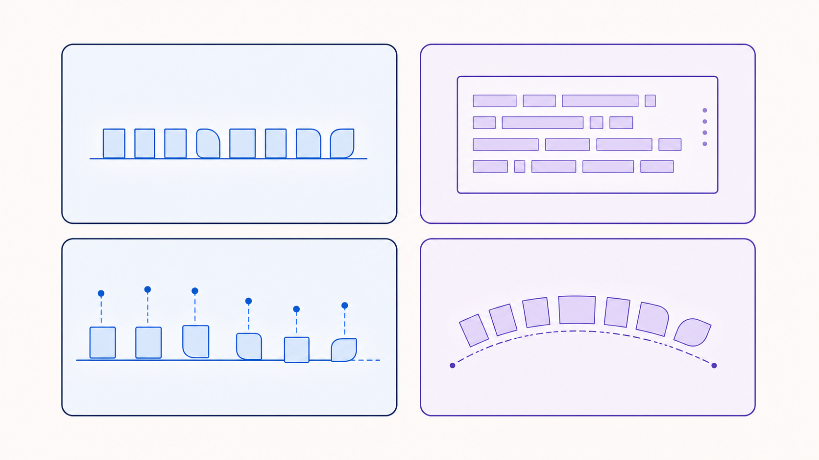 単純なText、複数行のParagraph、個別配置するGlyphs、曲線に沿うTextPathの違い