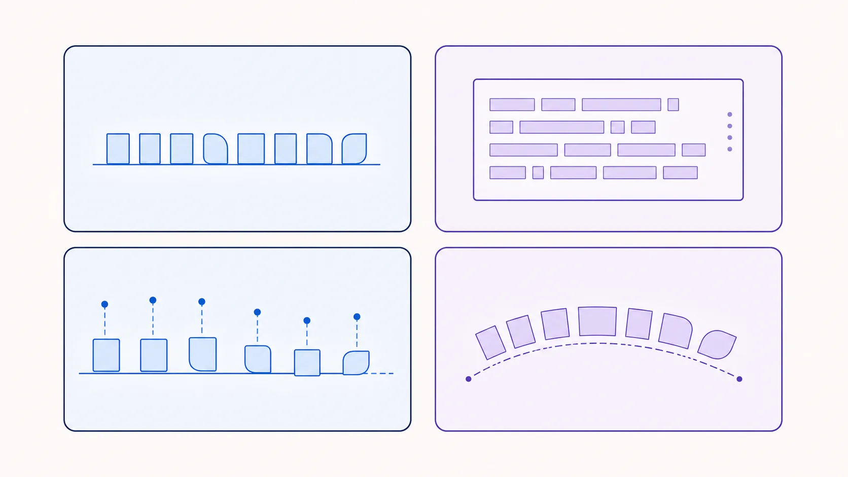 単純なText、複数行のParagraph、個別配置するGlyphs、曲線に沿うTextPathの違い